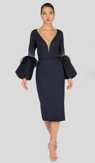 Terani Couture - 1912C9643 Feather-Fringe Sleeve Plunging Sheath Dress