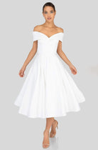 Terani Couture - 1912C9656 Off-Shoulder Tea Length A-line Dress - Silhouette Dresses
