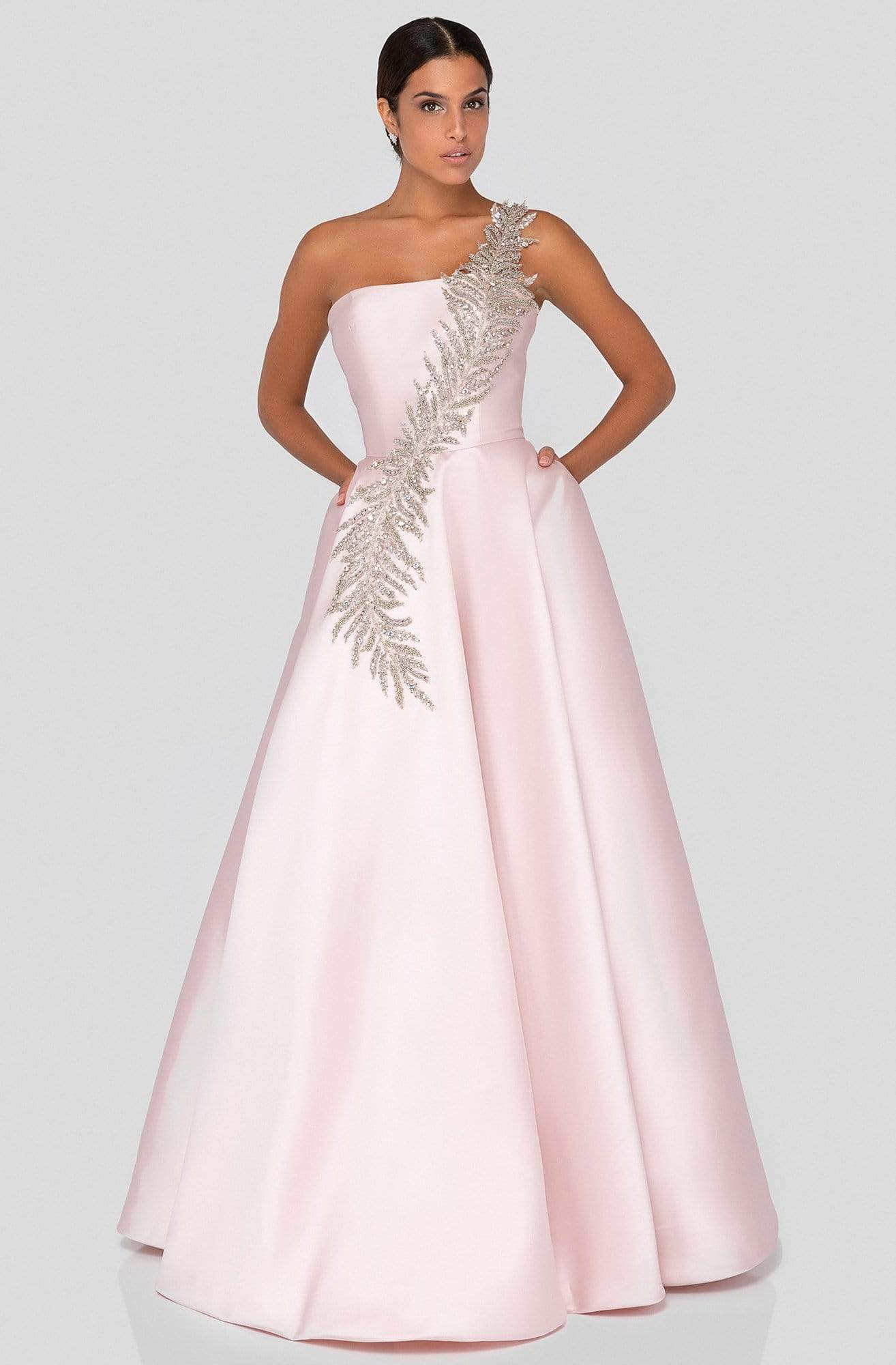 Terani Couture - 1912E9202 One Shoulder Dazzling Fern Accent Gown - designer evening gown at Silhouette Dresses