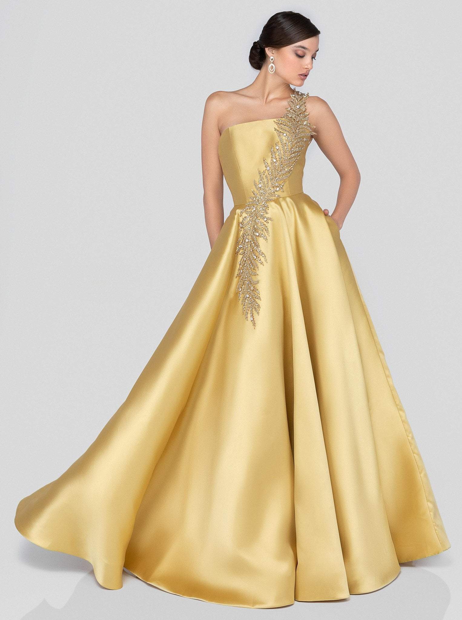 Terani Couture - 1912E9202 One Shoulder Dazzling Fern Accent Gown - view 4