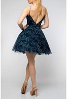 Terani Couture - 1912P8083 Leafy V Neck A-Line Cocktail Dress