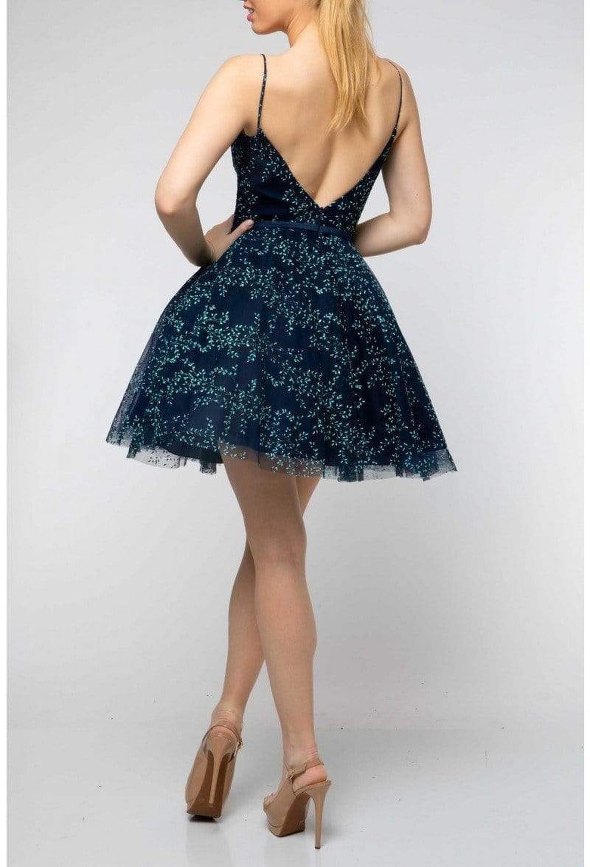 Terani Couture - 1912P8083 Leafy V Neck A-Line Cocktail Dress