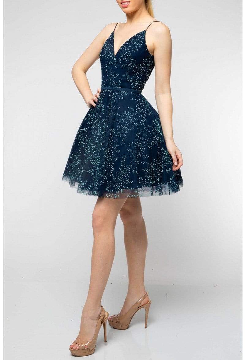 Terani Couture - 1912P8083 Leafy V Neck A-Line Cocktail Dress - designer homecoming dress at Silhouette Dresses