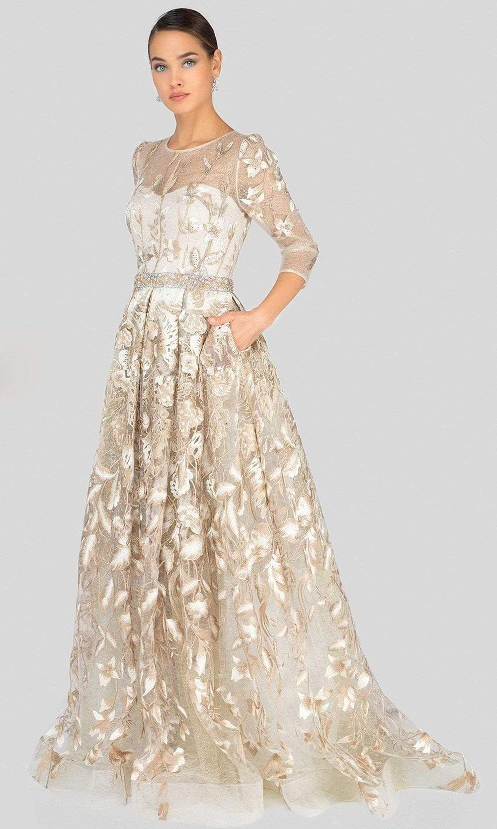 Terani Couture - 1913M9408 Quarter Sleeve Embroidered Sheer Ballgown