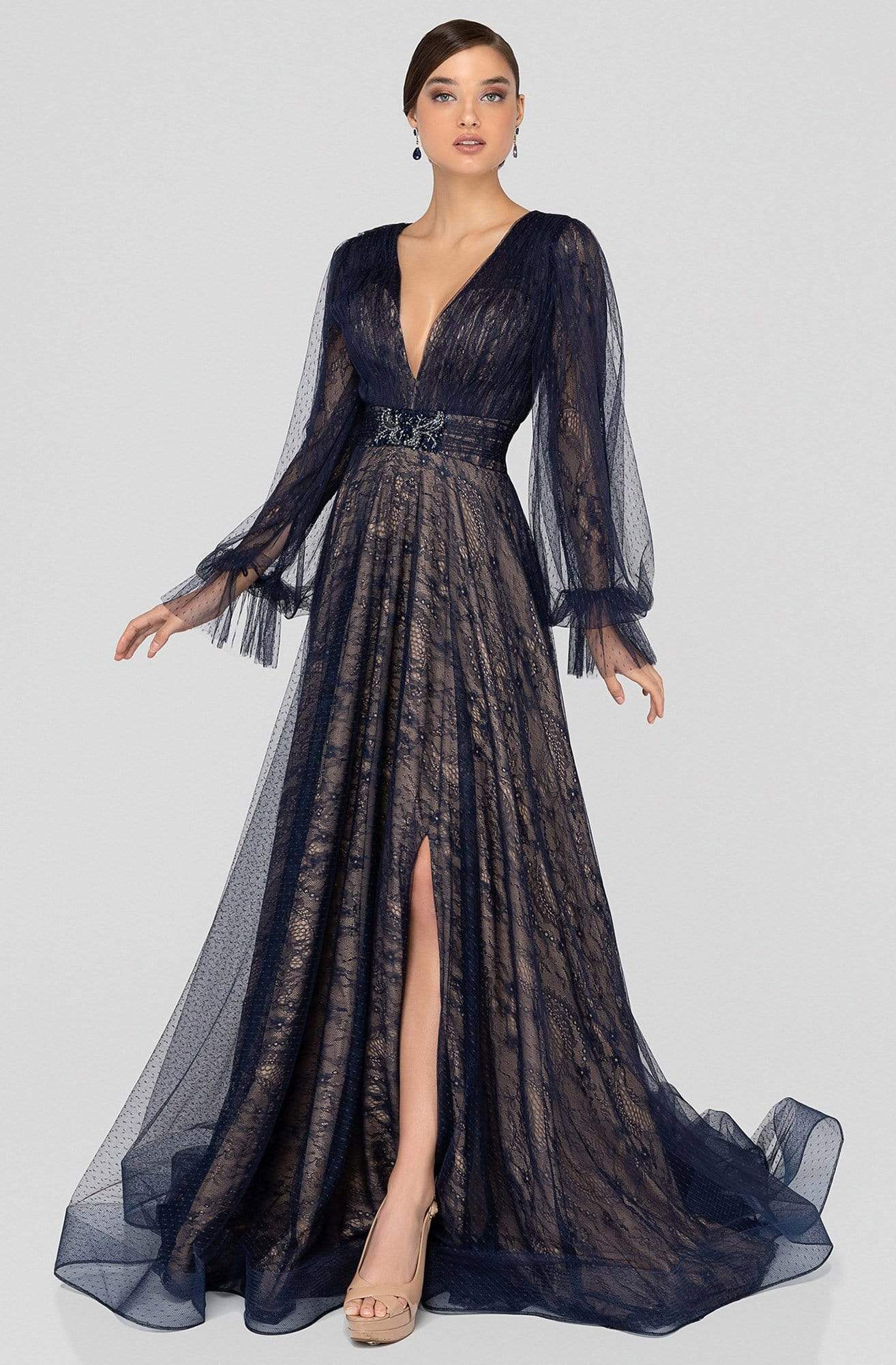 Terani Couture - 1913M9414 Lace Plunging V-neck A-line Dress - designer mother of the bride dress at Silhouette Dresses