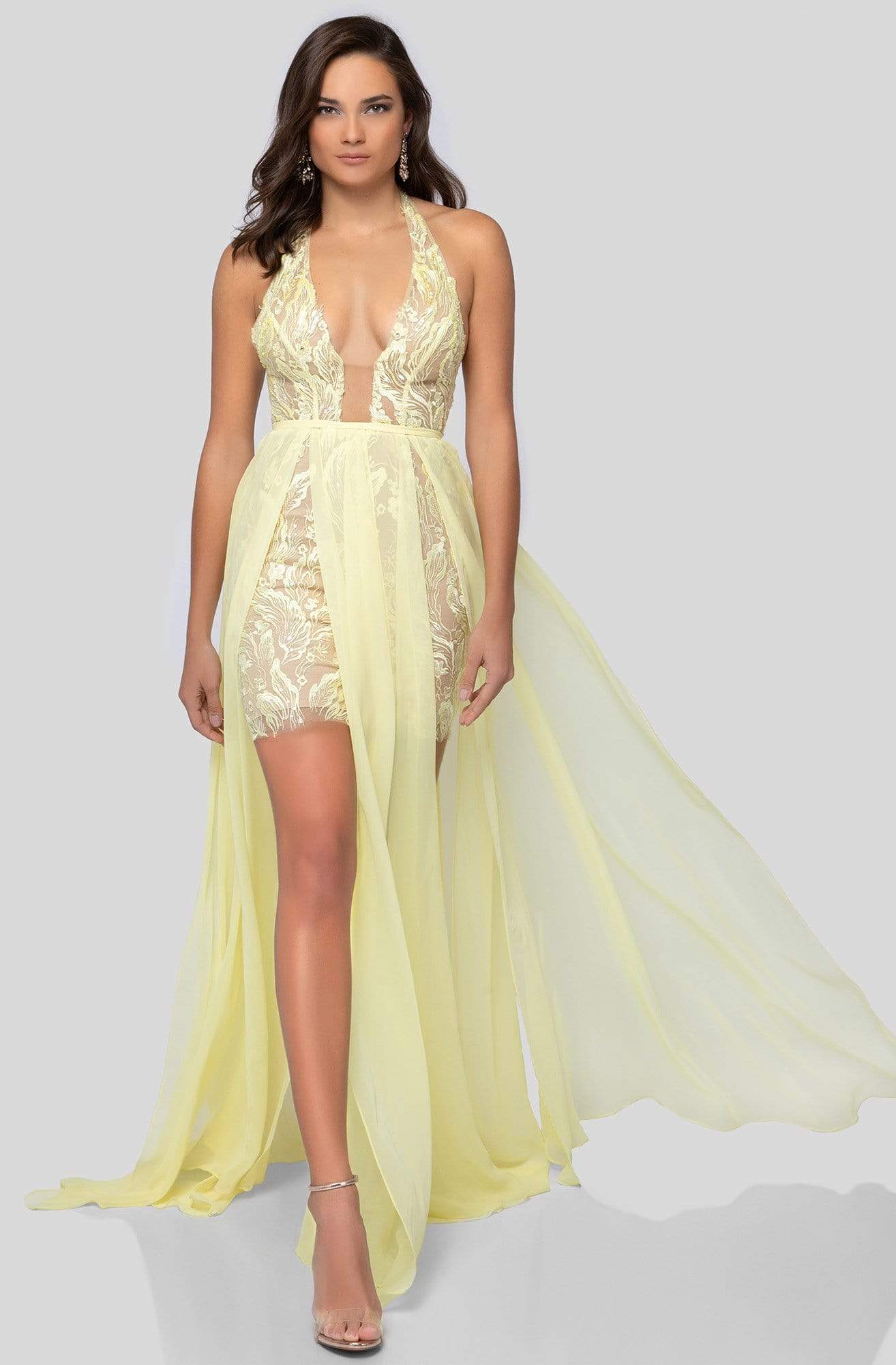 Terani Couture - 1913P8314 Beaded Lace Deep Halter Vneck Chiffon Dress - designer prom dress at Silhouette Dresses