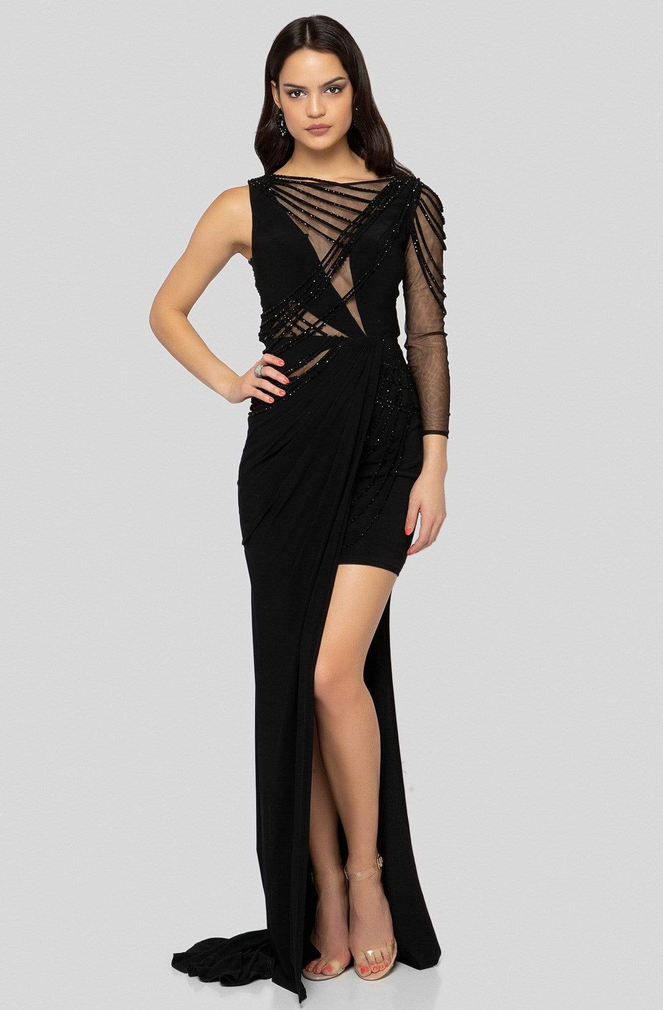 Terani Couture - 1913P8392 Embellished Bateau Sheath Dress With Train - designer prom dress at Silhouette Dresses
