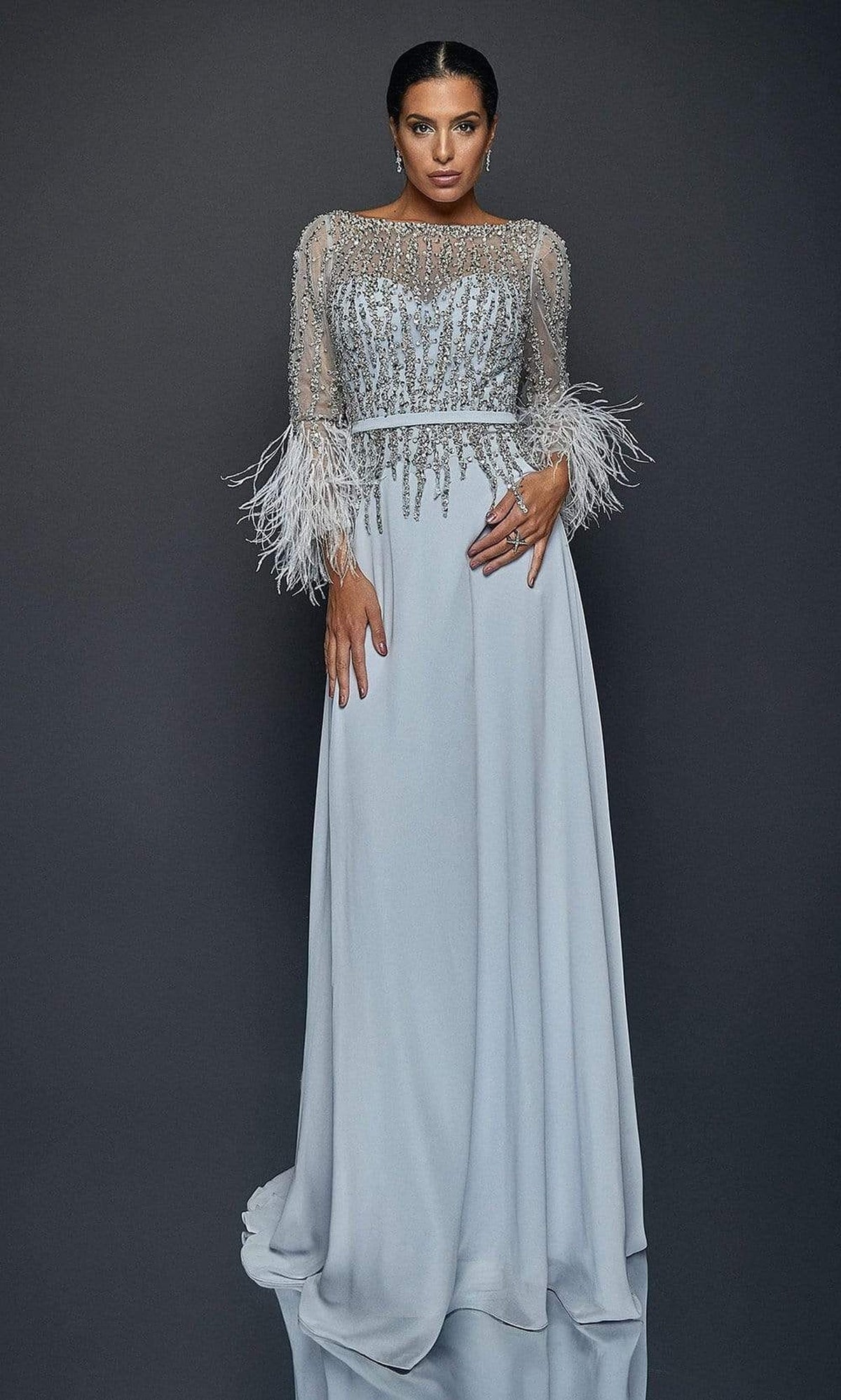 Terani Couture - 1921M0473 Feather-Fringed Quarter Sleeve Jeweled Gown