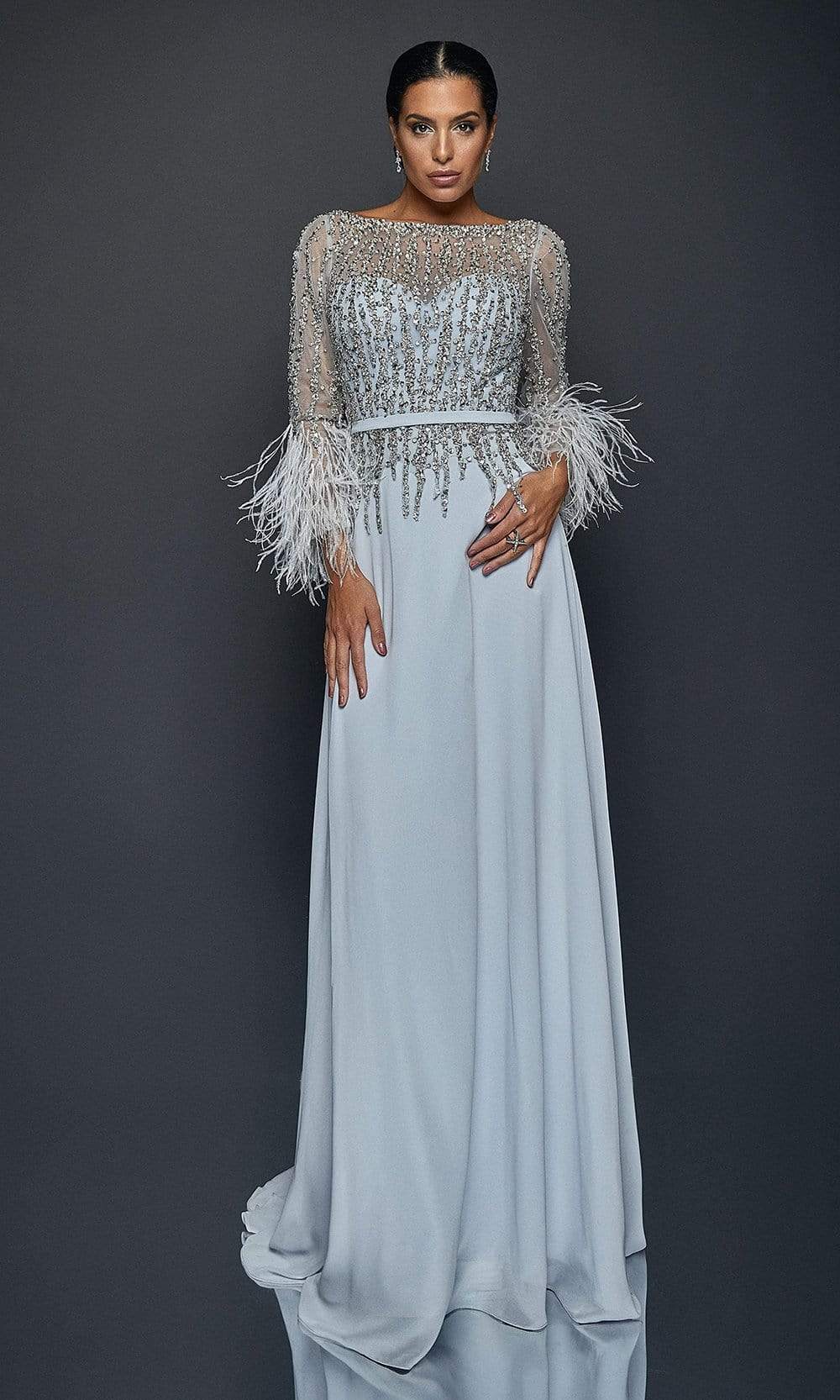 Terani Couture - 1921M0473 Feather-Fringed Quarter Sleeve Jeweled Gown - designer mother of the bride dress at Silhouette Dre