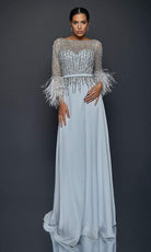 Terani Couture - 1921M0473 Feather-Fringed Quarter Sleeve Jeweled Gown - designer mother of the bride dress at Silhouette Dre