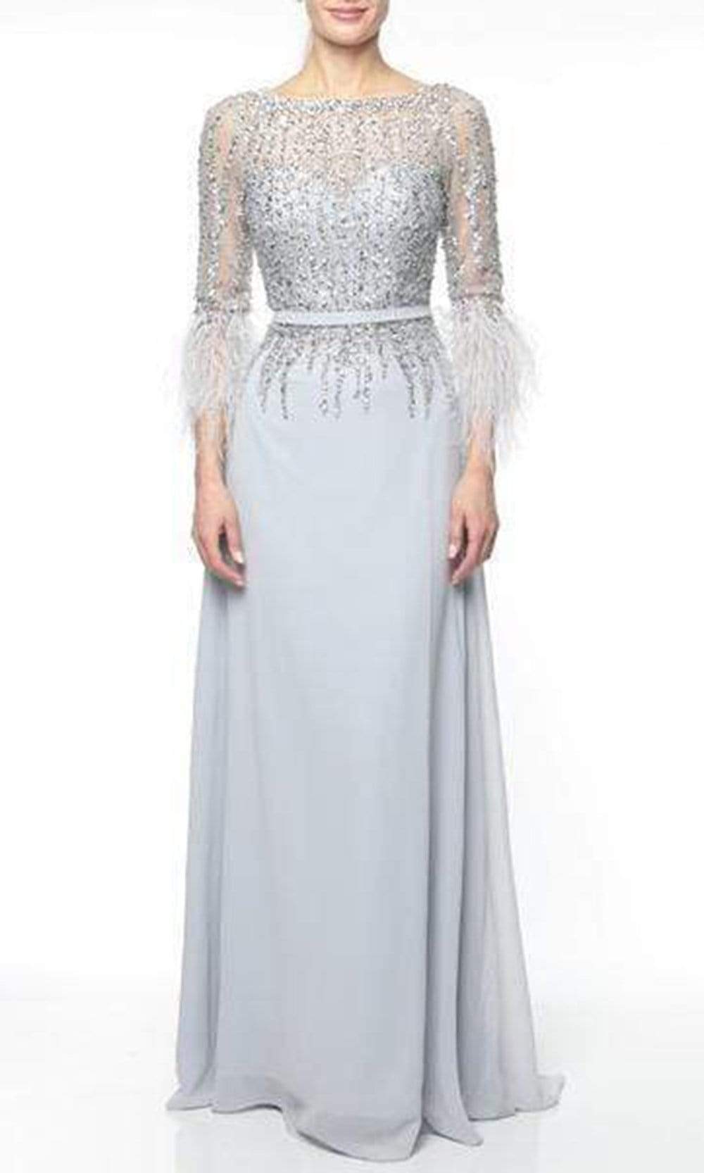 Terani Couture - 1921M0473 Feather-Fringed Quarter Sleeve Jeweled Gown - detail view