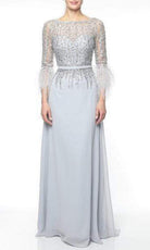 Terani Couture - 1921M0473 Feather-Fringed Quarter Sleeve Jeweled Gown - detail view
