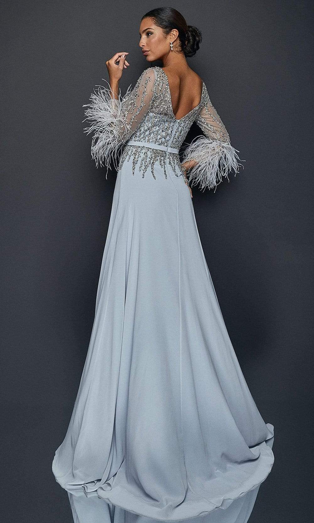 Terani Couture - 1921M0473 Feather-Fringed Quarter Sleeve Jeweled Gown - back view