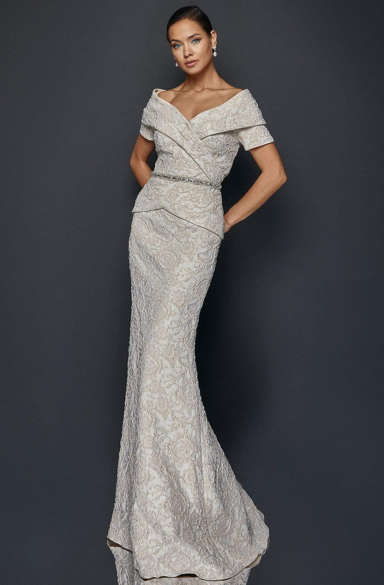 Terani Couture - 1921M0727 Off-Shoulder V-Neck Mother of the Groom Sheath Gown - back view