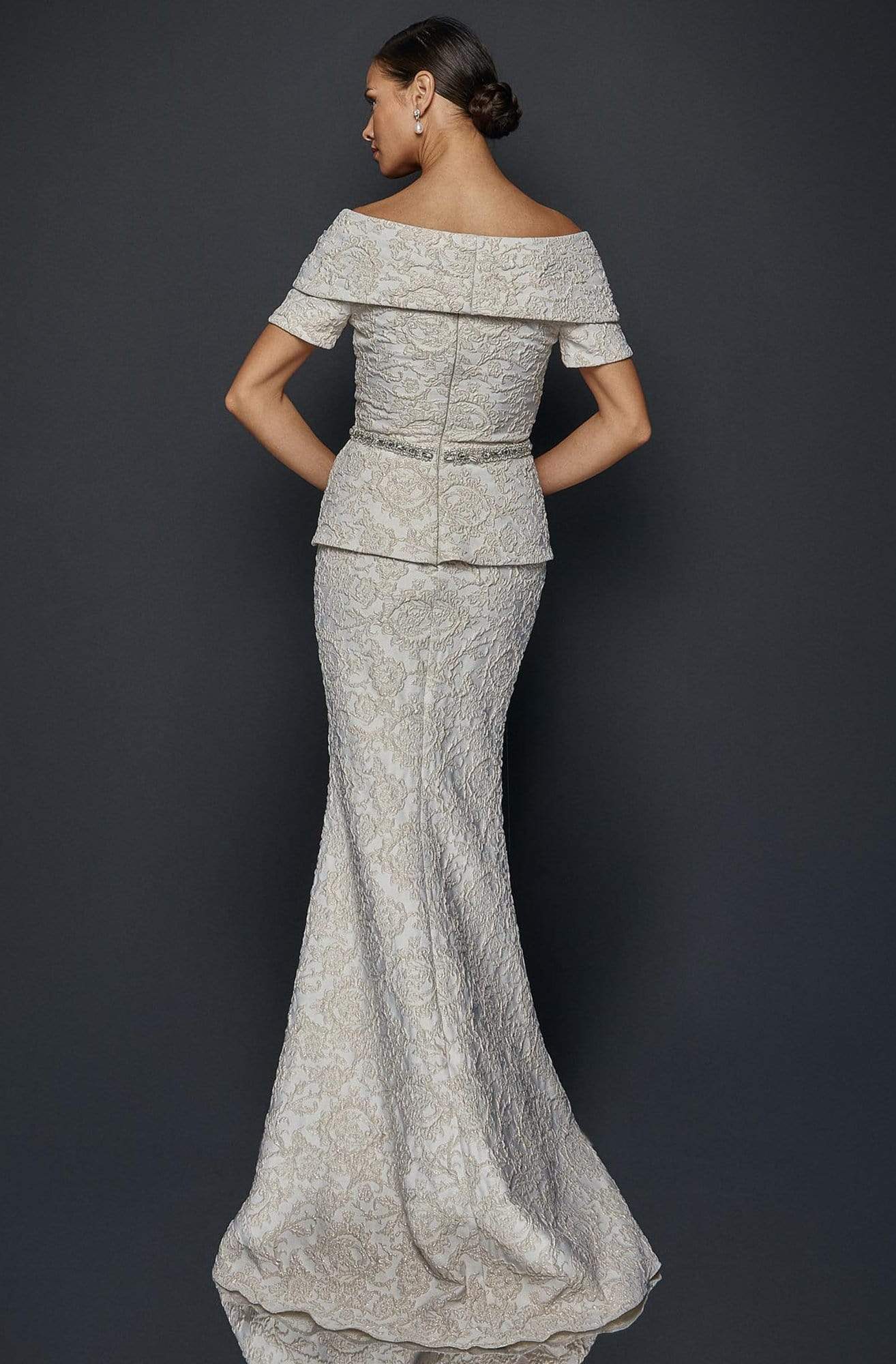 Terani Couture - 1921M0727 Off-Shoulder V-Neck Mother of the Groom Sheath Gown - detail view