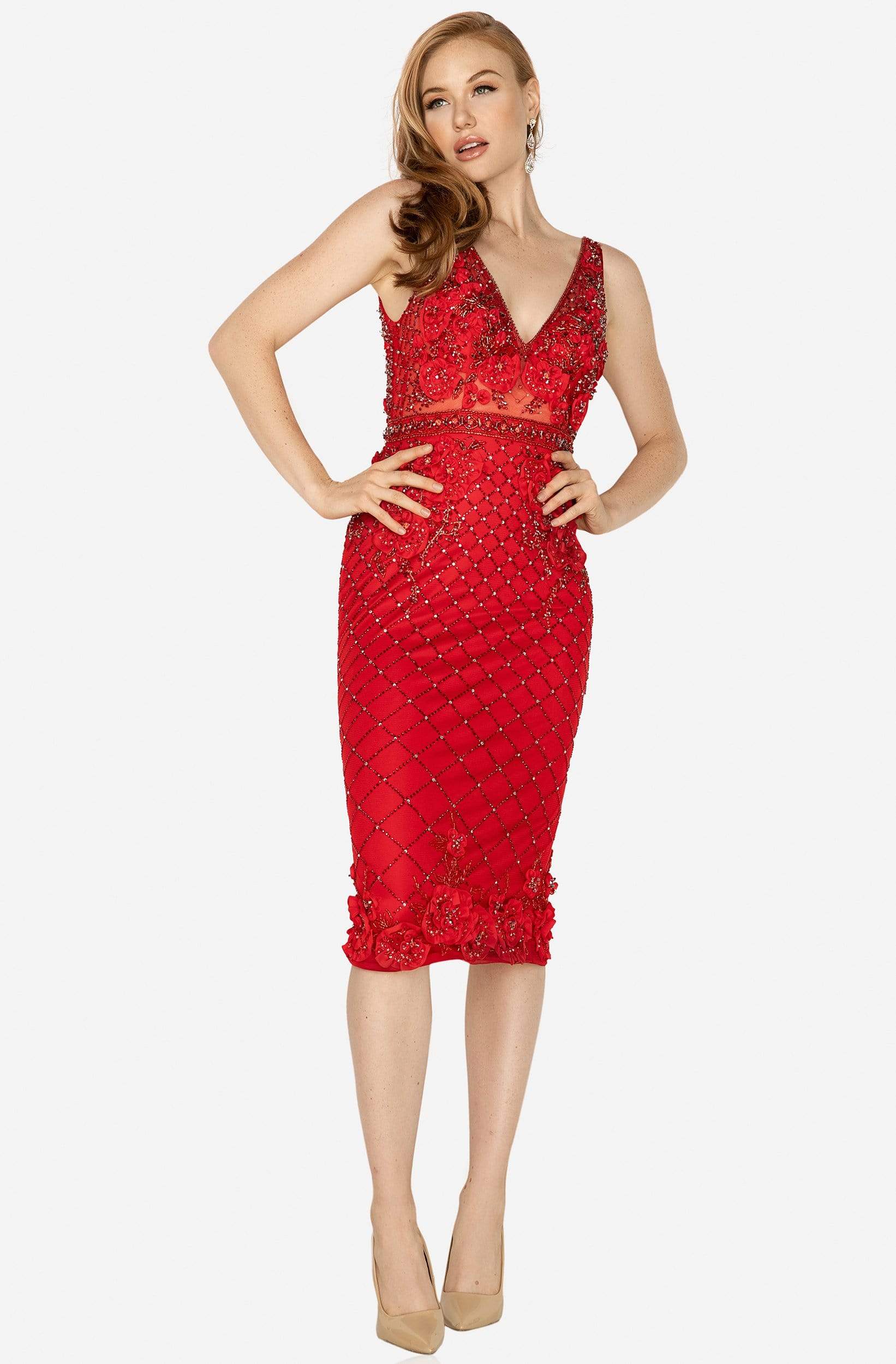 Terani Couture - 2011C2005 Embellished Plunging V-neck Sheath Dress - designer cocktail dress at Silhouette Dresses