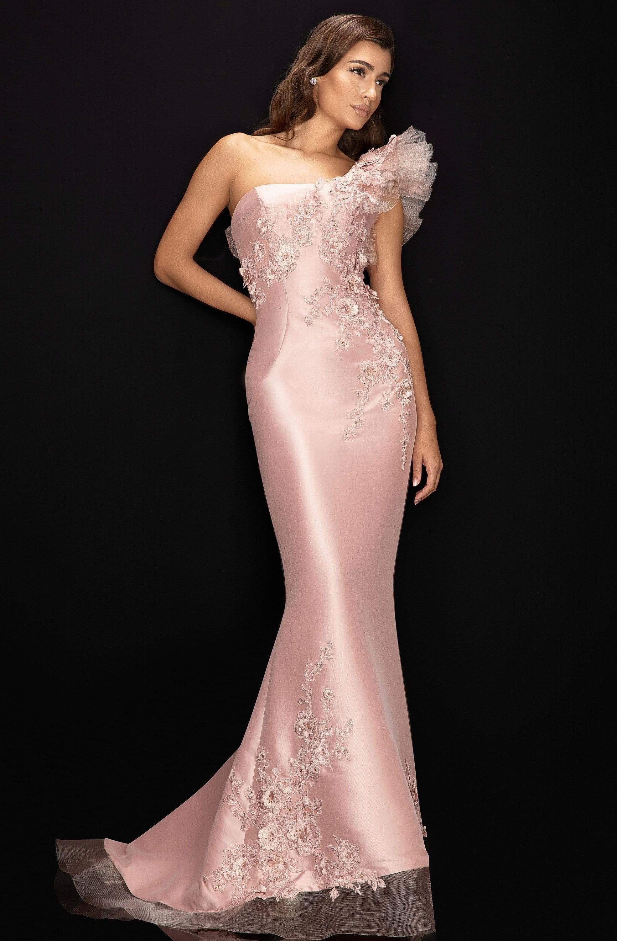 Terani Couture - 2011E2094 Floral Applique One Shoulder Trumpet Dress - designer mother of the bride dress at Silhouette Dres
