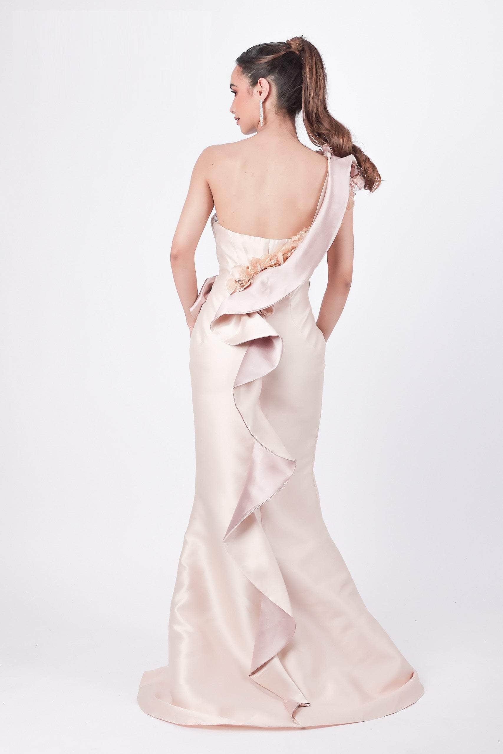 Terani Couture - 2011E2424 One Shoulder Floral Ruffle Trimmed Gown - back view