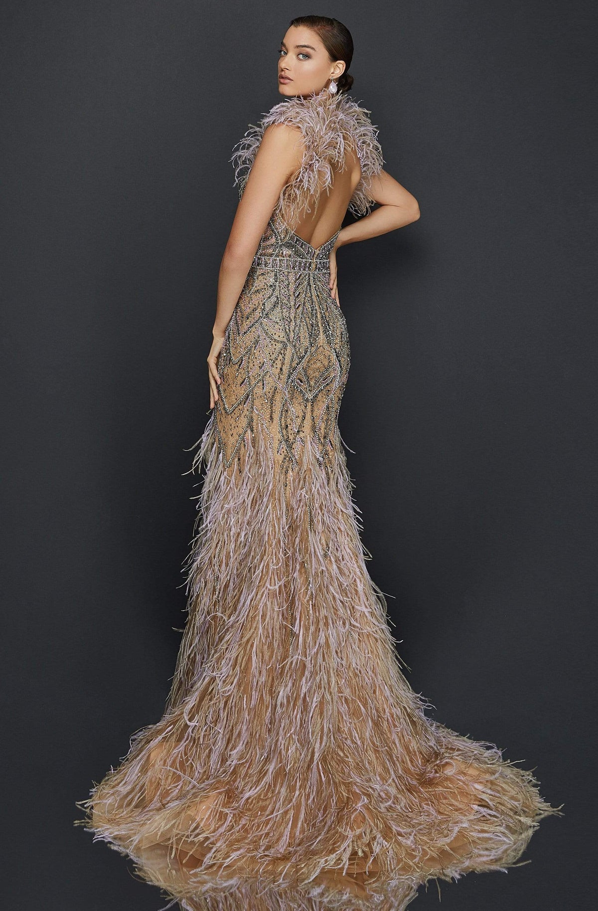 Terani Couture - 2011GL2423 Fringed Queen Anne Trumpet Evening Gown