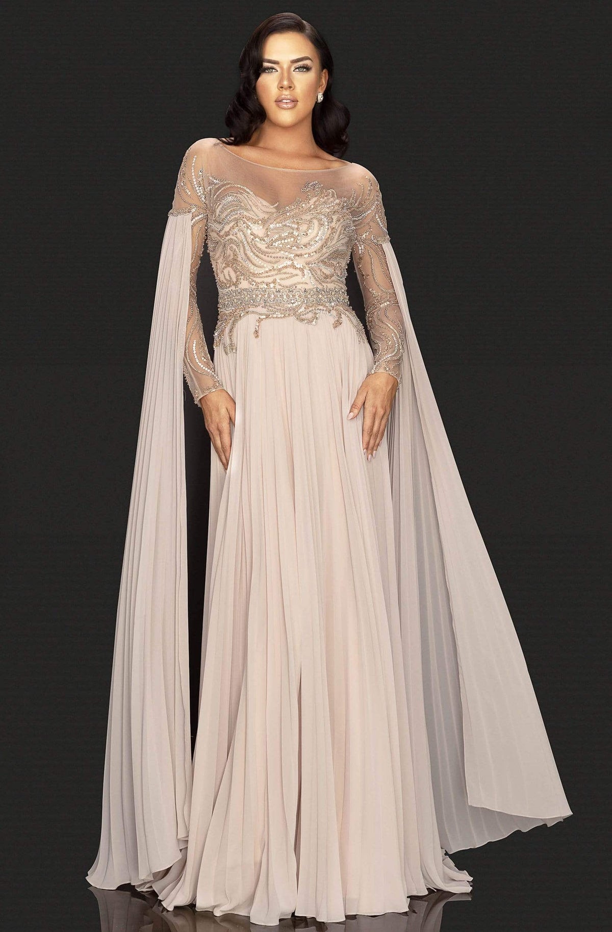 Terani Couture - 2011M2117 Beaded Long Sleeve Pleated Cascade Gown