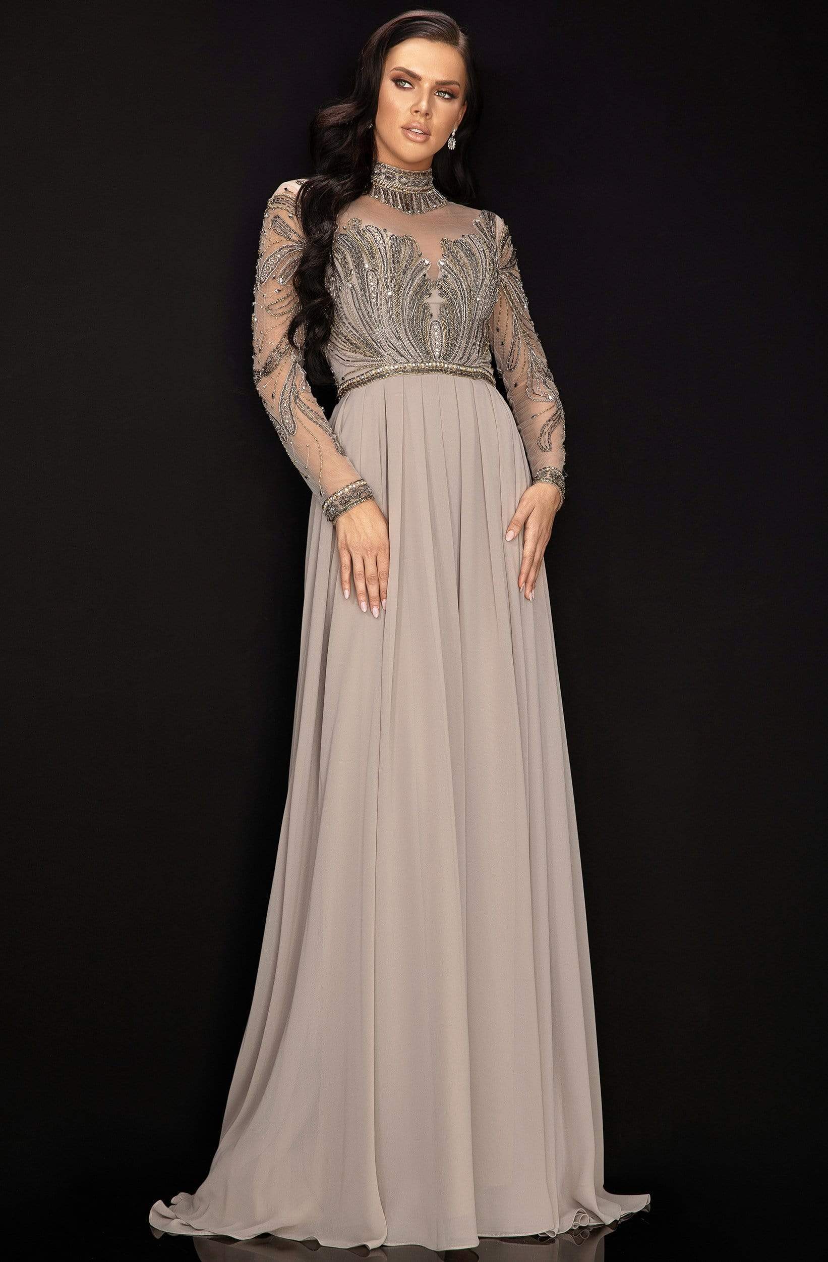 Terani Couture - 2011M2126 Embellished Long Sleeve High A-line Dress - designer mother of the bride dress at Silhouette Dress