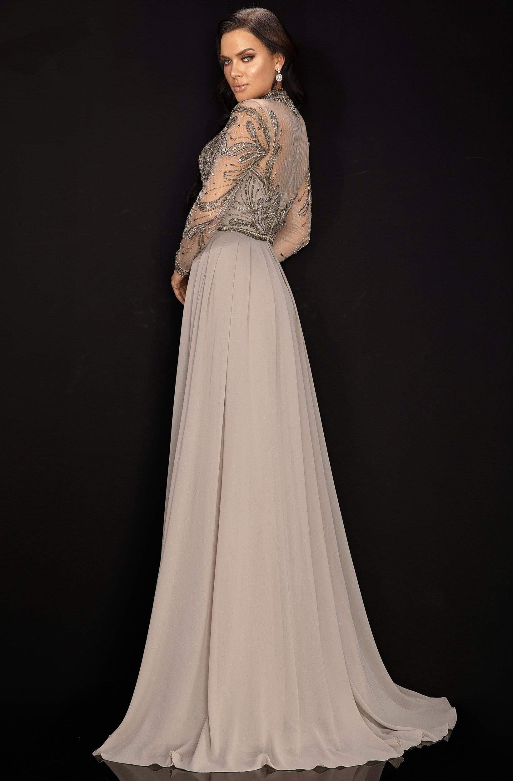 Terani Couture - 2011M2126 Embellished Long Sleeve High A-line Dress - back view