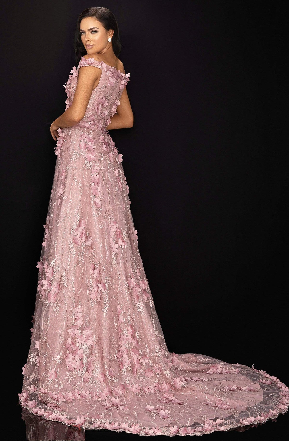 Terani Couture - 2011M2143 Floral Appliqued Off-Shoulder A-Line Dress