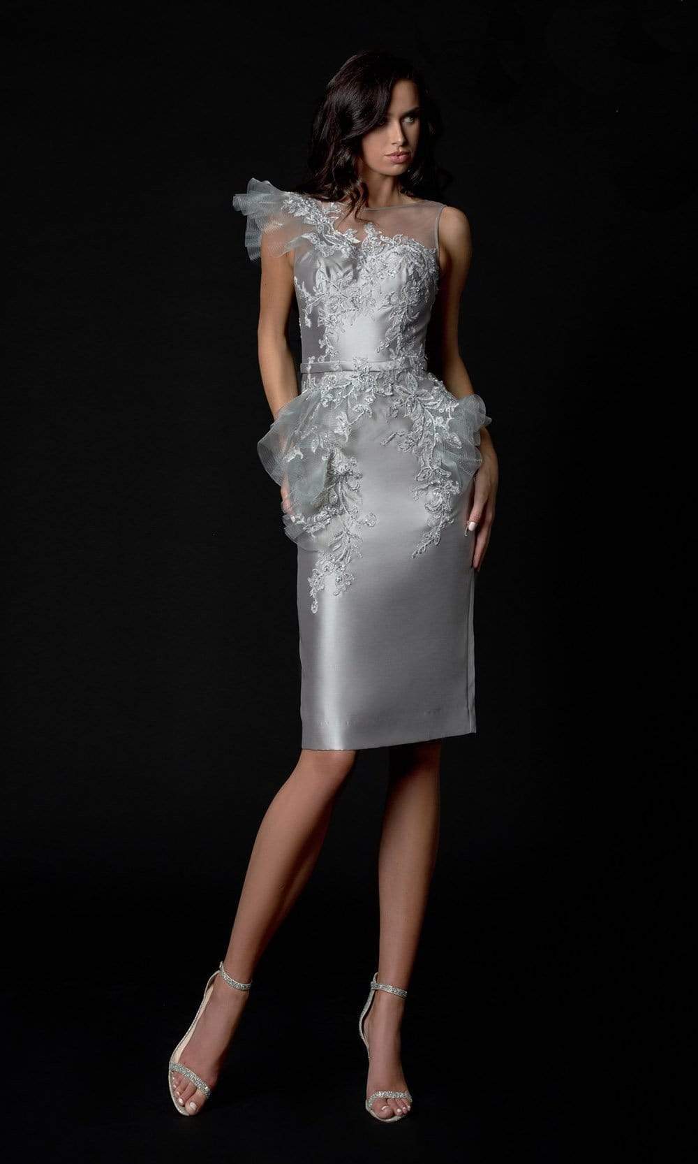 Terani Couture - 2021C2613 Illusion Shoulder Applique Sheath Dress - back view