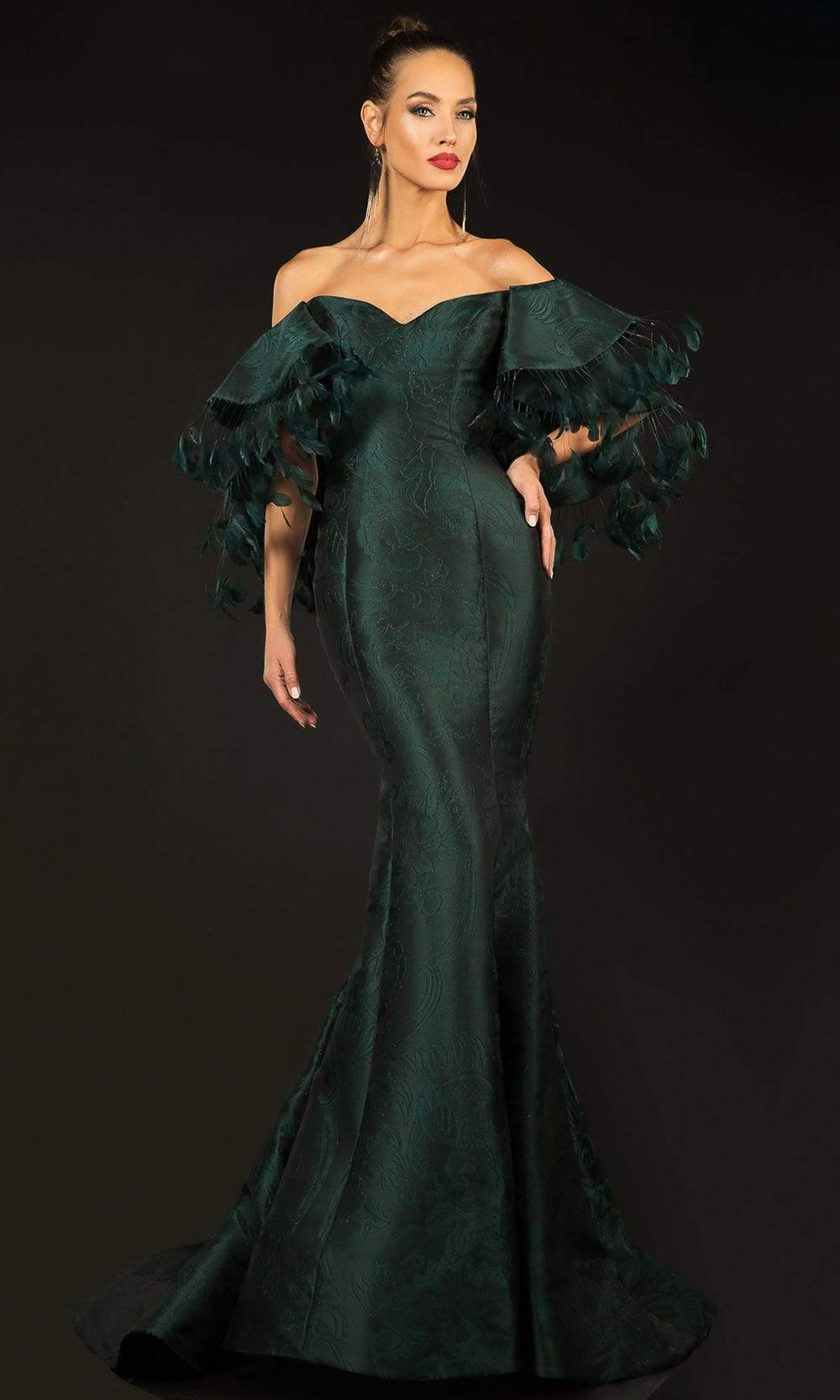 Terani Couture - 2021E2796 Feather Trimmed Off Shoulder Jacquard Gown - designer evening gown at Silhouette Dresses