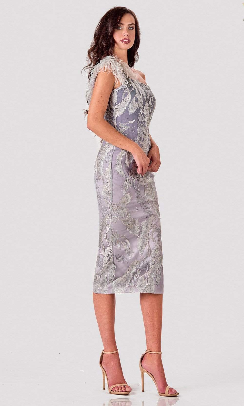 Terani Couture - 2111C4557 Feather-Ornate One Shoulder Adorned Dress - designer cocktail dress at Silhouette Dresses