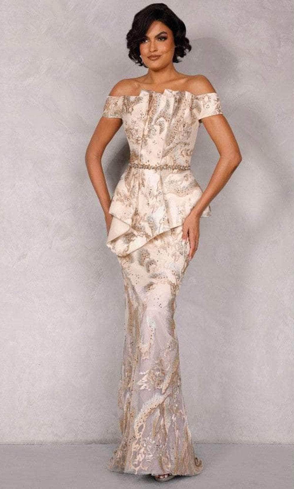 Terani Couture 2111E5285 - Off-Shoulder Pleated Neckline Long Dress - designer evening gown at Silhouette Dresses