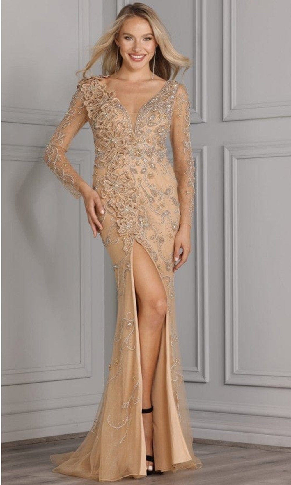 Terani Couture - 2111GL5023 Plunging V-Neck Appliqued Gown