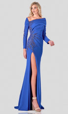 Terani Couture - 2111M5263 Beaded Long Sleeve Long Dress With Slit