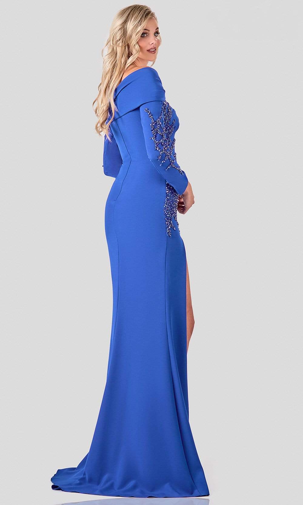 Terani Couture - 2111M5263 Beaded Long Sleeve Long Dress With Slit