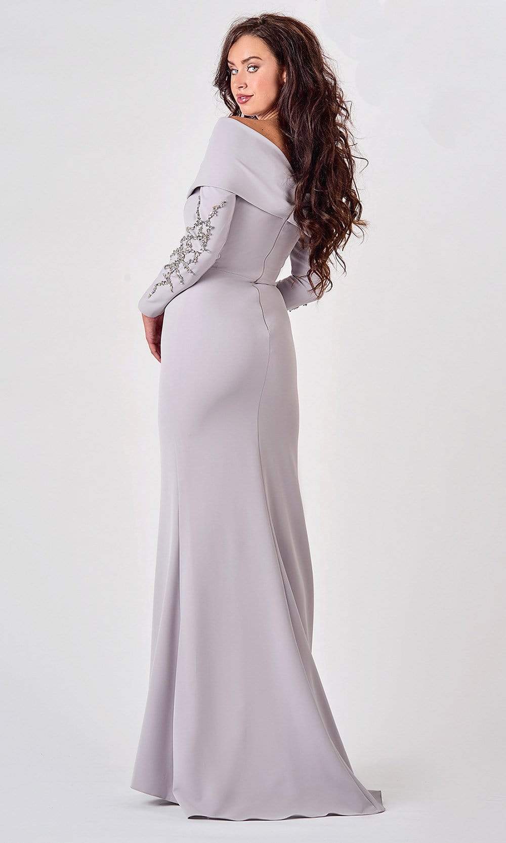 Terani Couture - 2111M5263 Beaded Long Sleeve Long Dress With Slit