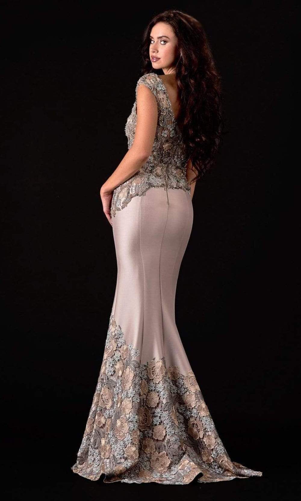 Terani Couture - 2111M5302 Floral Embroidered Trumpet Dress with Slit