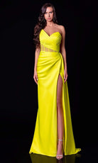 Terani Couture - 2111P4020 Pleated V Neck Sheath Dress With Slit - designer prom dress at Silhouette Dresses