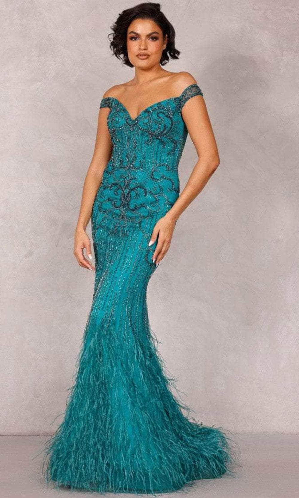 Terani Couture 2214GL0113 - Feather-Ornate Beaded Evening Dress - designer prom dress at Silhouette Dresses