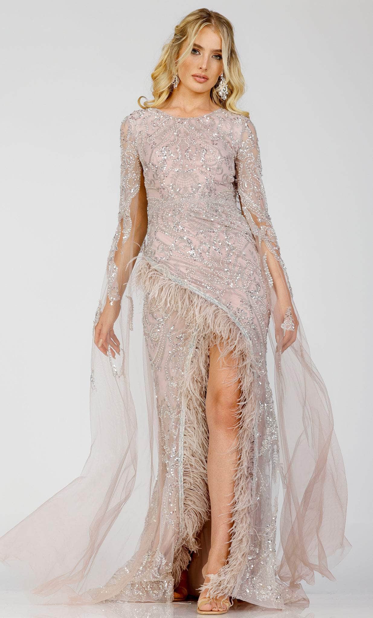 Terani Couture 231E0494 - Beaded Cape Sleeve Evening Gown - designer mother of the bride dress at Silhouette Dresses