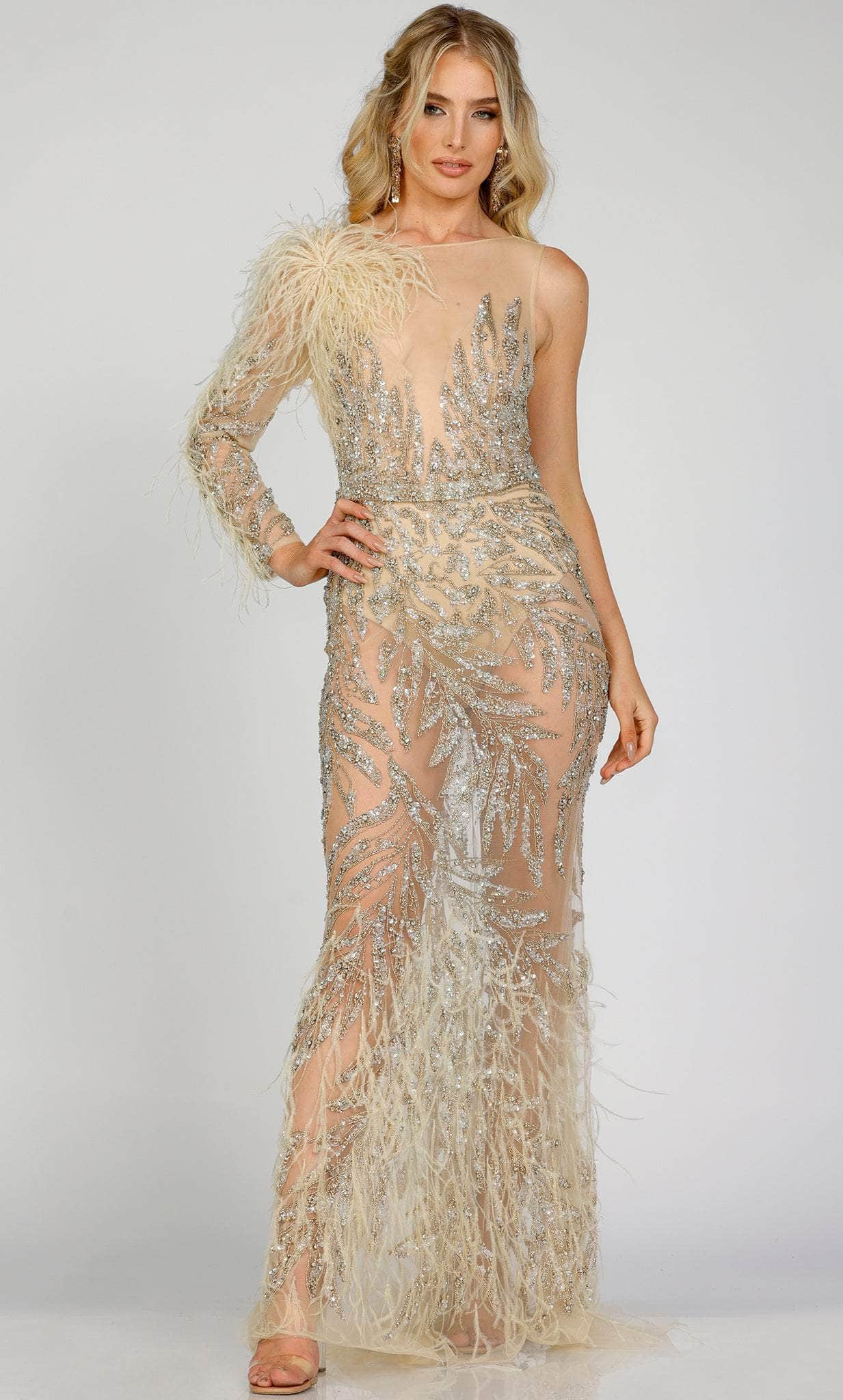 Terani Couture 231GL0439 - Feathered Illusion Evening Gown - designer evening gown at Silhouette Dresses