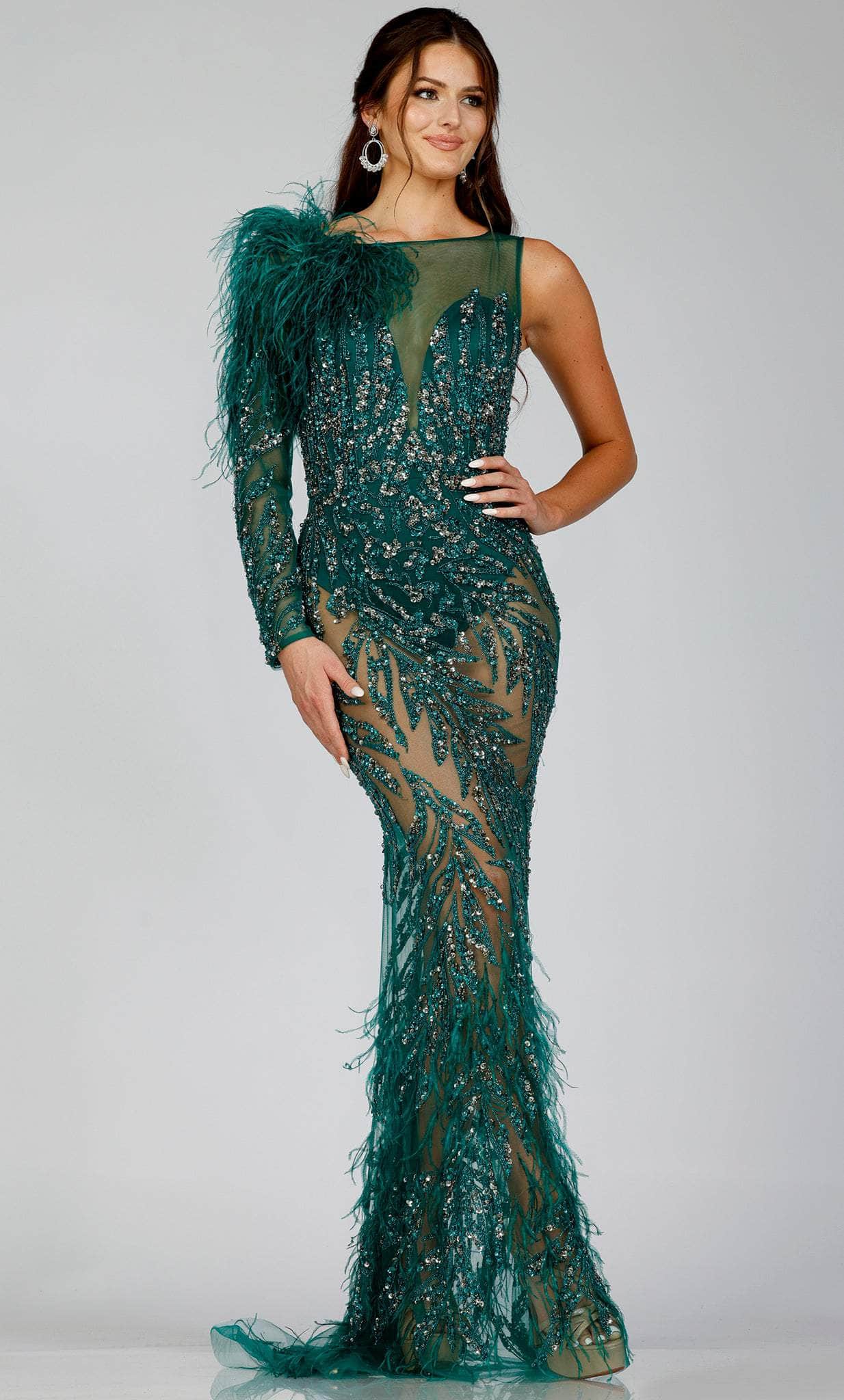 Terani Couture 231GL0439 - Feathered Illusion Evening Gown - back view