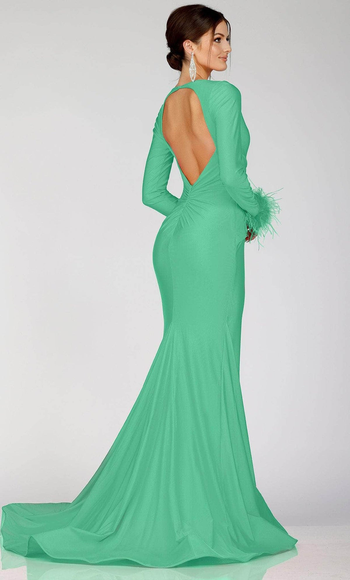 Terani Couture 231P0074 - Long Sleeve Feathered Detailed Evening Gown