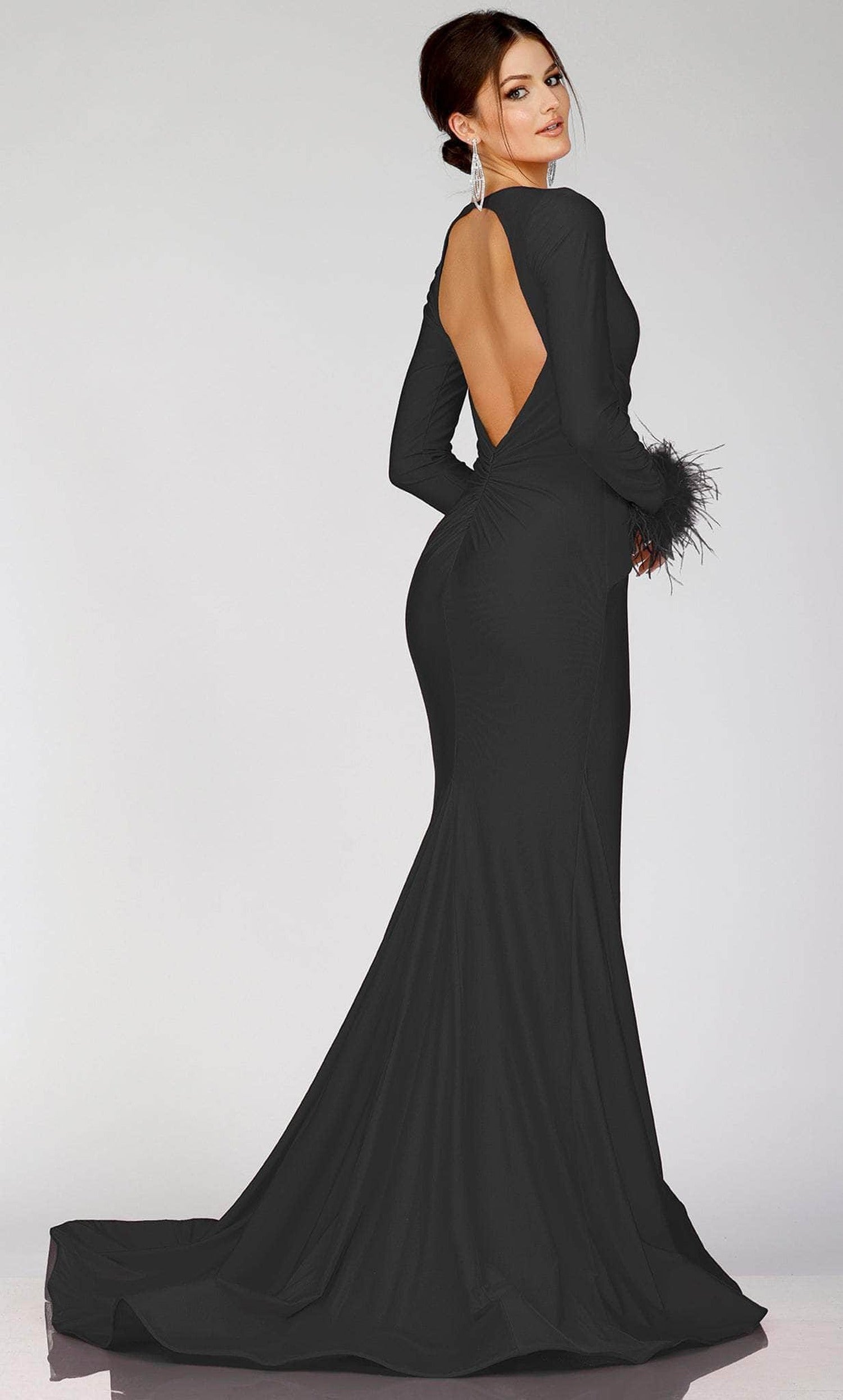 Terani Couture 231P0074 - Long Sleeve Feathered Detailed Evening Gown