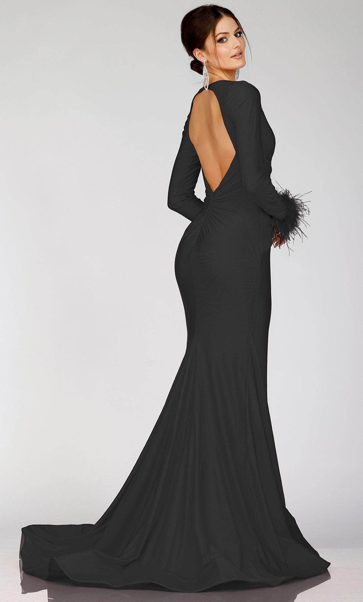 Terani Couture 231P0074 - Long Sleeve Feathered Detailed Evening Gown