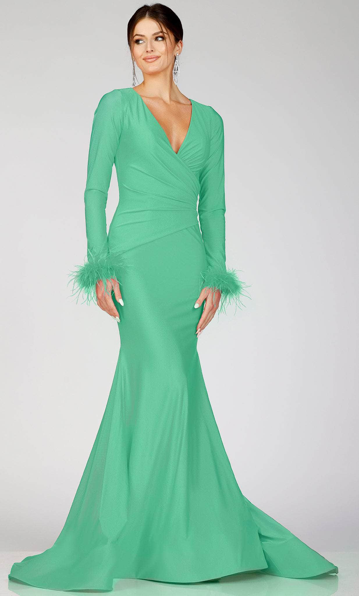 Terani Couture 231P0074 - Long Sleeve Feathered Detailed Evening Gown - view 4