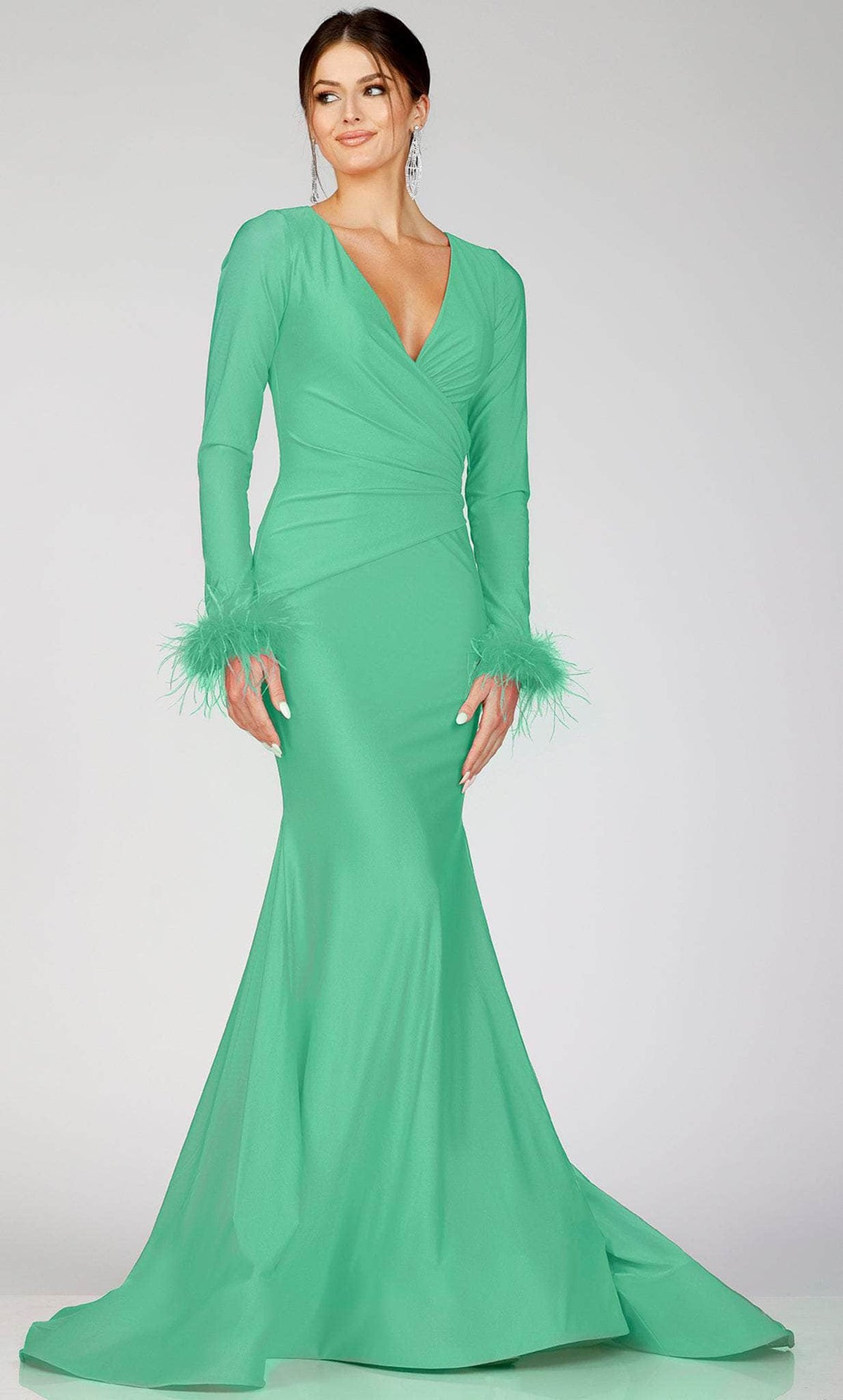 Terani Couture 231P0074 - Long Sleeve Feathered Detailed Evening Gown - view 4