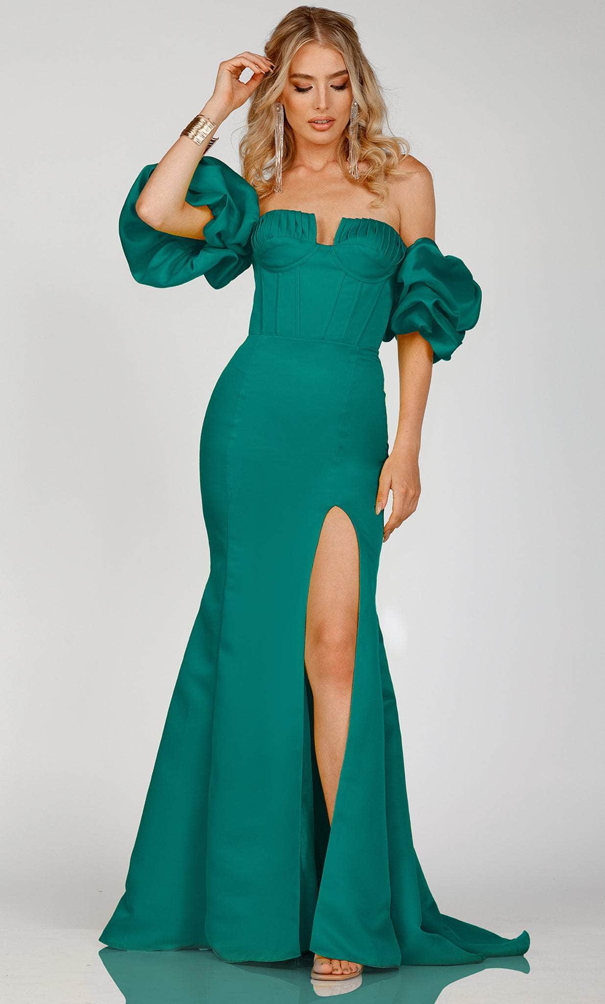 Terani Couture 231P0181 - Off-Shoulder Ruffled Sleeve Prom Gown - back view