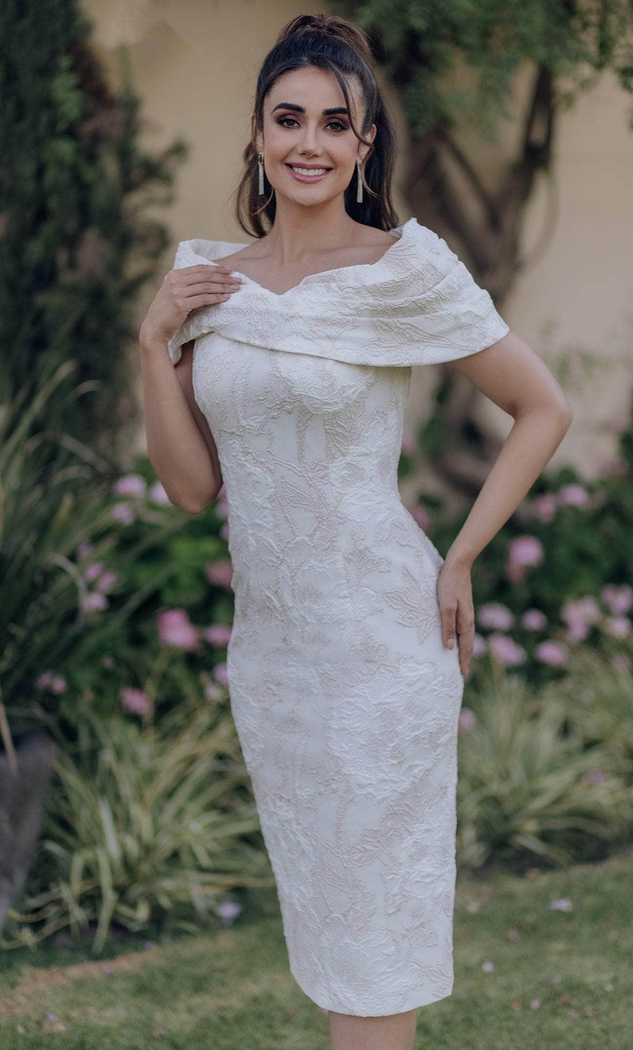 Terani Couture 232C1136 - Off-Shoulder Folded Neckline Tea length Dress - designer cocktail dress at Silhouette Dresses