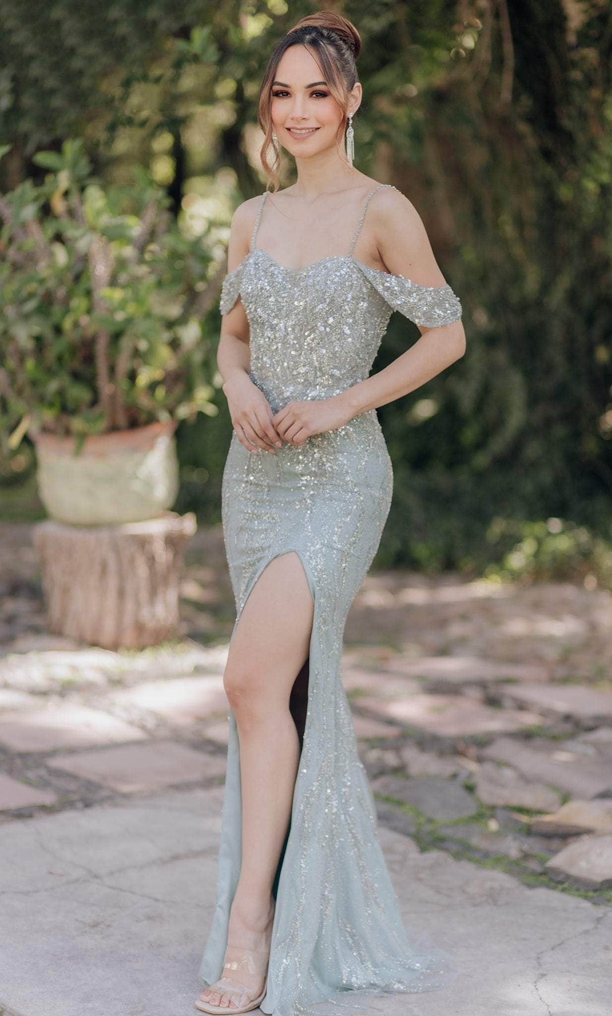 Terani Couture 232E1215 - Cold Shoulder Bejeweled Evening Gown - designer evening gown at Silhouette Dresses
