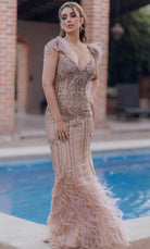 Terani Couture 232GL1425 - Feather Detailed Sleeveless Evening Dress - back view